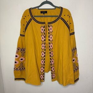 Anthropologie RD and Koko  Embroidered Top Peasant Jacket Boho Puff Sleeves 2x